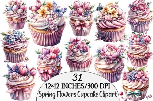 Download Watercolor Spring Flowers Cupcake Clipar - Spring Collection