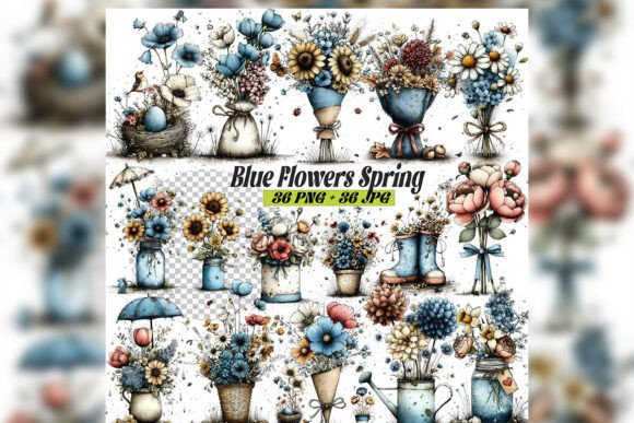 Download Whimsical Blue Spring Flowers Clipart Se - Spring Collection