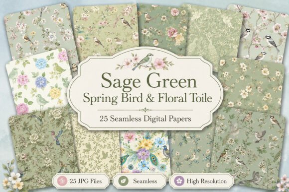 Download Sage Green Spring Bird &amp; Floral Toile - Spring Collection