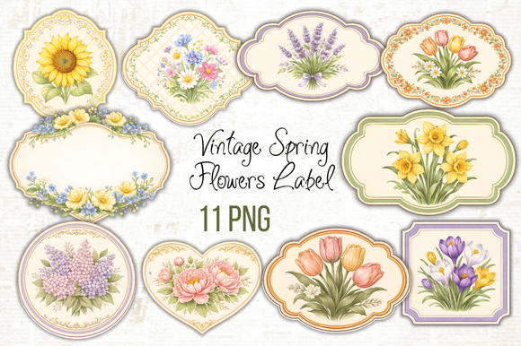 Download Vintage Spring Flowers Label PNG - Spring Collection